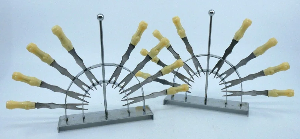 2 Vintage Cocktail Forks Beige Plastic Bamboo Tiki Style & Holder
